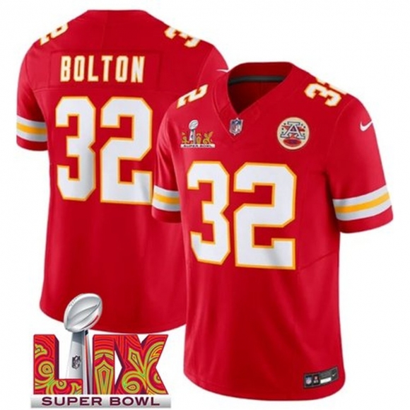 Men's Kansas City Chiefs #32 Nick Bolton Red 2025 Super Bowl LIX Patch F.U.S.E. Vapor Limited Stitched Football Jersey