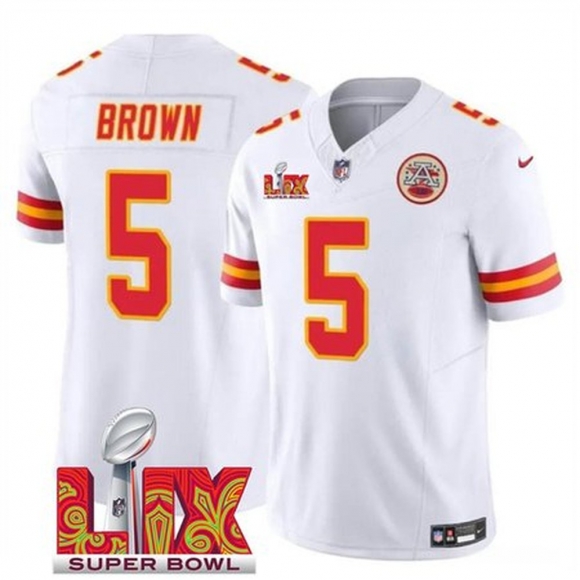 Men's Kansas City Chiefs #5 Hollywood Brown White 2025 Super Bowl LIX Patch F.U.S.E. Vapor Limited Stitched Football Jersey