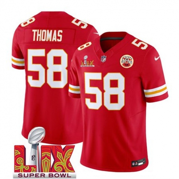 Men's Kansas City Chiefs #58 Derrick Thomas Red 2025 Super Bowl LIX Patch F.U.S.E. Vapor Limited Stitched Football Jersey