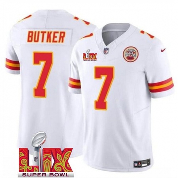 Men's Kansas City Chiefs #7 Harrison Butker White 2025 Super Bowl LIX Patch F.U.S.E. Vapor Limited Stitched Football Jersey