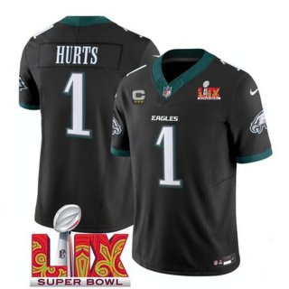 Men's Philadelphia Eagles #1 Jalen Hurts Black 2025 Super Bowl LIX Patch And 3-Star C Patch New F.U.S.E. Vapor Untouchable Limited Stitched Football Jersey