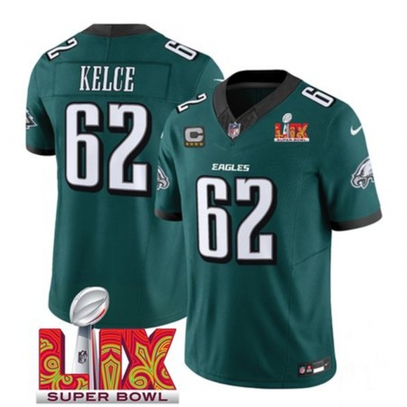 Men's Philadelphia Eagles #62 Jason Kelce Green 2025 Super Bowl LIX Patch And 4-Star C Patch New F.U.S.E. Vapor Limited Stitched Football Jersey