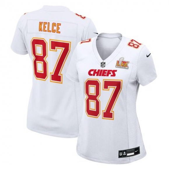 Women's Kansas City Chiefs Travis Kelce Nike Tundra White Super Bowl LIX Fashion Game Jersey