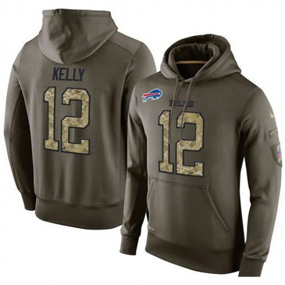 NFL Men's Nike Buffalo Bills #12 Jim Kelly Stitched Green Olive Salute To Service KO Performance Hoodie