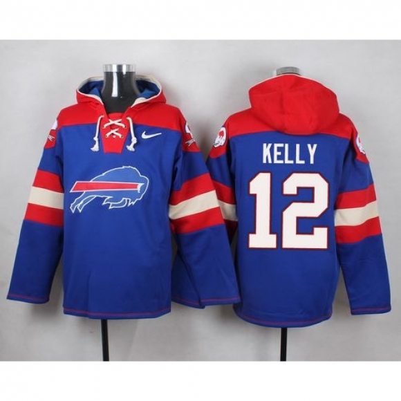 Nike Bills #12 Jim Kelly Royal Blue Player Pullover NFL Hoodie