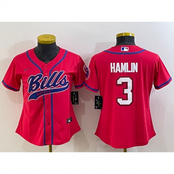 Youth Buffalo Bills #3 Damar Hamlin Red With Patch Cool Base Stitched Baseball Jersey