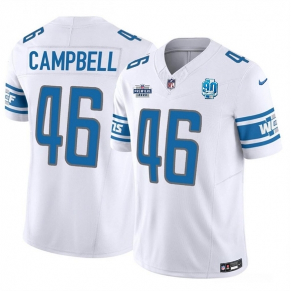 Men's Detroit Lions #46 Jack Campbell White 2023 F.U.S.E. With Prem1ere Patch 90th Anniversary Vapor Untouchable Limited Stitched Football Jersey