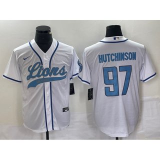 Men's Detroit Lions #97 Aidan Hutchinson White Cool Base Stitched Baseball Jersey