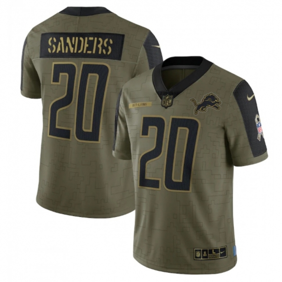 Men's Detroit Lions #20 Barry Sanders 2021 Olive Salute To Service Limited Stitched Jersey