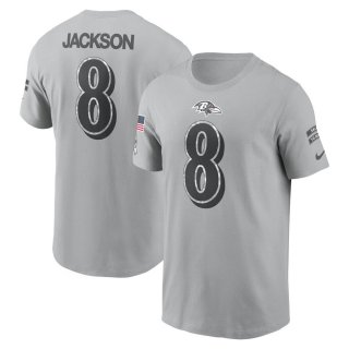 Men's Baltimore Ravens Lamar Jackson Nike Gray 2024 Salute To Service Name & Number T-Shirt