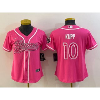 Women's Los Angeles Rams #10 Cooper Kupp Pink With Patch Cool Base Stitched Baseball Jersey(Run Small)