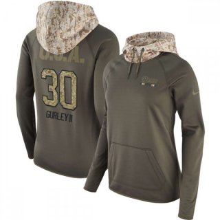 Women's Los Angeles Rams #30 Todd Gurley Olive Salute to Service Sideline Therma Pullover Hoodie