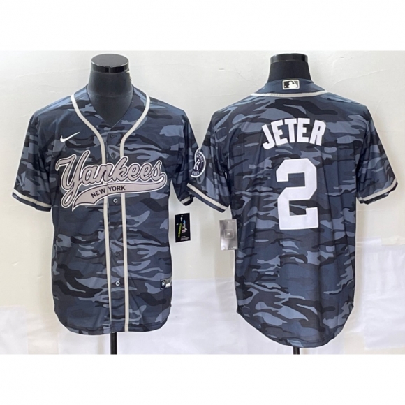 Men's New York Yankees #2 Derek Jeter Gray Camo With Patch Cool Base Stitched Baseball Jersey