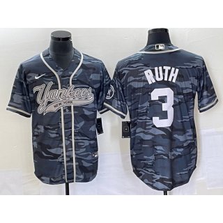 Men's New York Yankees #3 Babe Ruth Gray Camo With Patch Cool Base Stitched Baseball Jersey