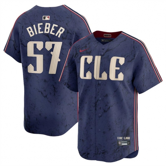 Men's Cleveland Guardians #57 Shane Bieber Navy 2024 City Connect Limited Stitched Baseball Jersey