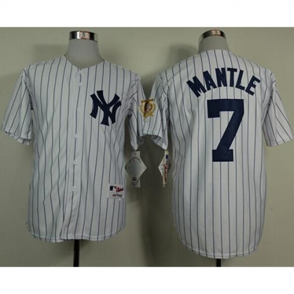 Yankees #7 Mickey Mantle White 75TH Throwback Stitched MLB Jersey