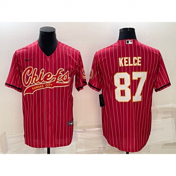 Men's Kansas City Chiefs #87 Travis Kelce Red With Patch Cool Base Stitched Baseball Jersey