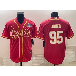 Men's Kansas City Chiefs #95 Chris Jones Red With Super Bowl LVII Patch Cool Base Stitched Baseball Jersey