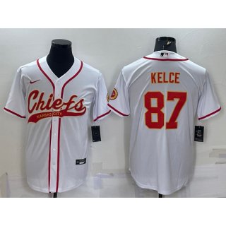 Men's Kansas City Chiefs #87 Travis Kelce White With Patch Cool Base Stitched Baseball Jersey