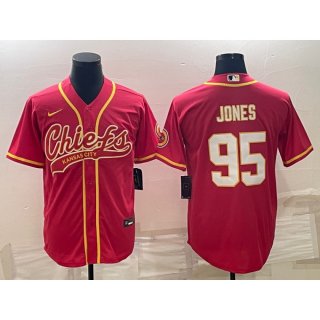 Men's Kansas City Chiefs #95 Chris Jones Red With Patch Cool Base Stitched Baseball Jersey