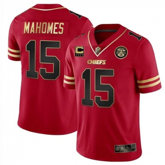 Men's Kansas City Chiefs #15 Patrick Mahomes Red Gold With C Patch Stitched Football Jersey