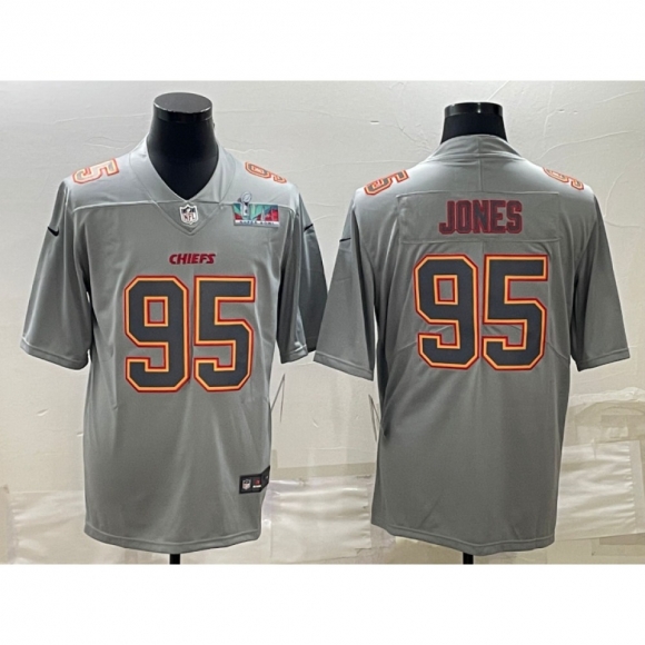 Men's Kansas City Chiefs #95 Chris Jones Gray Super Bowl LVII Patch Atmosphere Fashion Stitched Jersey