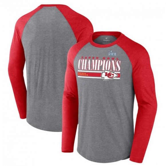 Men's Kansas City Chiefs Gray Red Super Bowl LVII Champions Perfect Addition Tri-Blend Raglan Long Sleeve T-Shirt