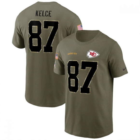 Men's Kansas City Chiefs #87 Travis Kelce 2022 Olive Salute to Service T-Shirt