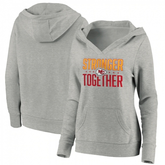 Women's Kansas City Chiefs Heather Gray Stronger Together Crossover Neck Pullover Hoodie(Run Small)