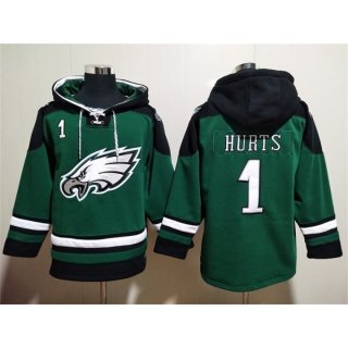 Men's Philadelphia Eagles #1 Jalen Hurts Green Lace-Up Pullover Hoodie