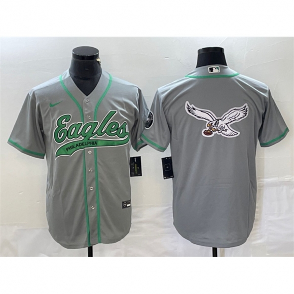 Men's Philadelphia Eagles Gray Team Big Logo Cool Base Stitched Baseball Jersey