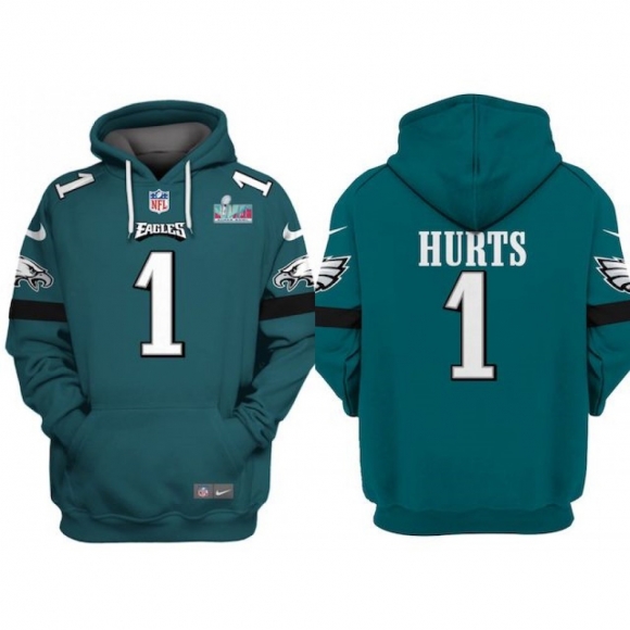 Men's Philadelphia Eagles #1 Jalen Hurts Green Super Bowl LVII Patch Pullover Hoodie