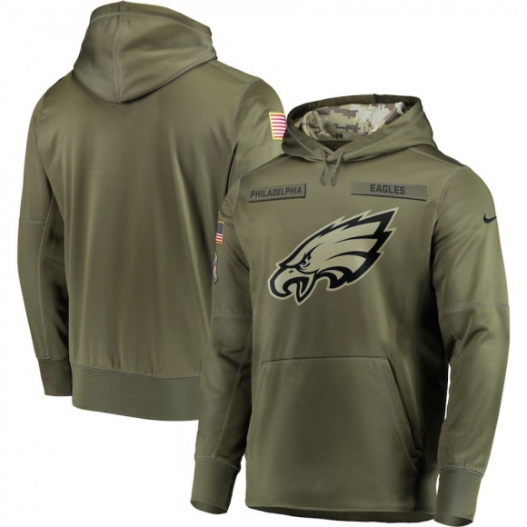 Men's Philadelphia Eagles 2018 Olive Salute to Service Sideline Therma Performance Pullover Stitched NFL Hoodie