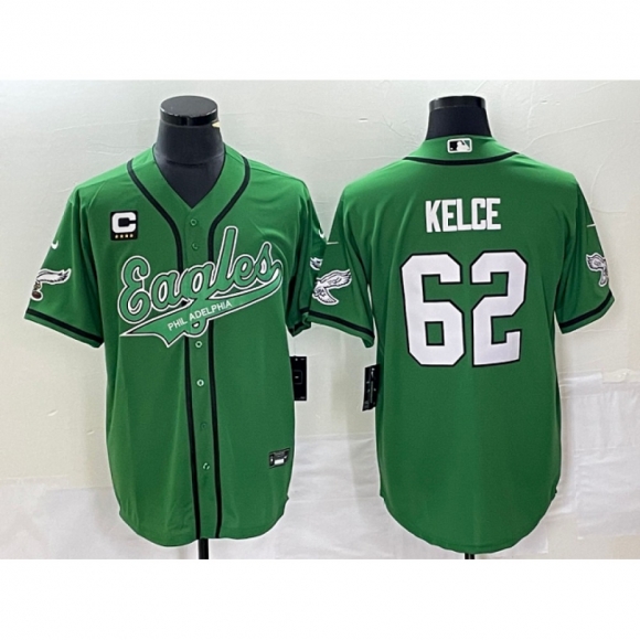 Men's Philadelphia Eagles #62 Jason Kelce Green With 4-star C Patch Cool Base Stitched Baseball Jersey