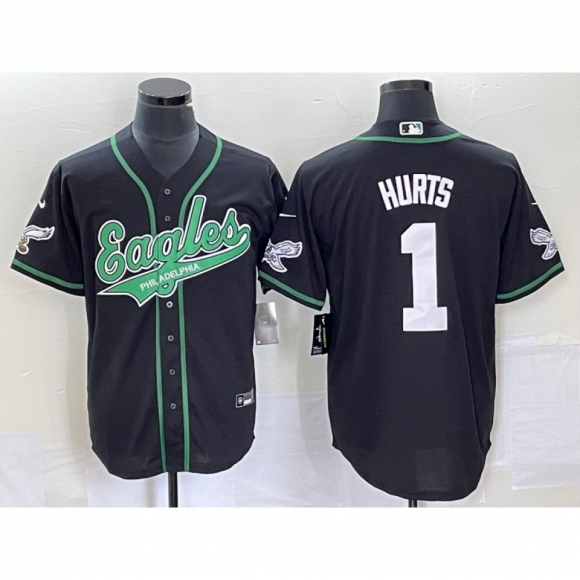 Men's Philadelphia Eagles #1 Jalen Hurts Black Cool Base Stitched Baseball Jersey