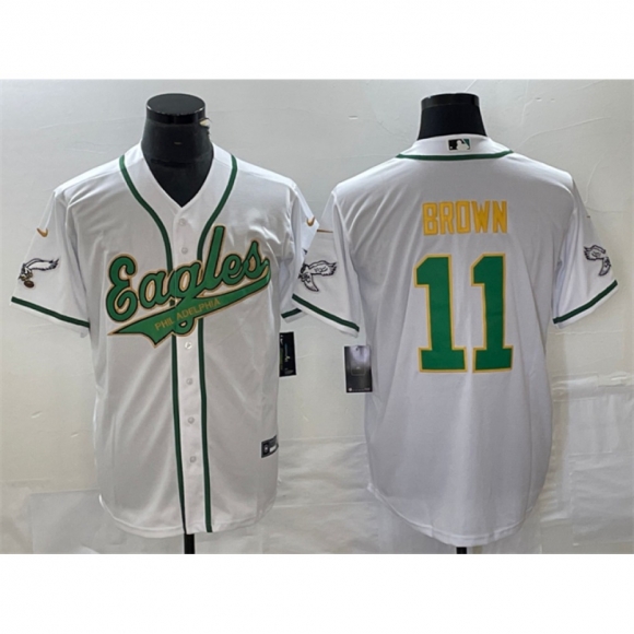 Men's Philadelphia Eagles #11 A. J. Brown White Gold Cool Base Stitched Baseball Jersey