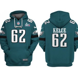 Men's Philadelphia Eagles #62 Jason Kelce White Super Bowl LVII Patch Pullover Hoodie