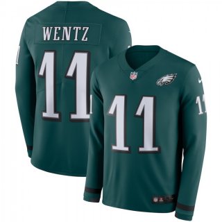 Men's Philadelphia Eagles #11 Carson Wentz Green Therma Long Sleeve Stitched NFL Jersey