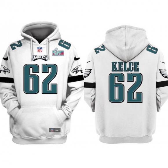 Men's Philadelphia Eagles #62 Jason Kelce White Super Bowl LVII Patch Pullover Hoodie