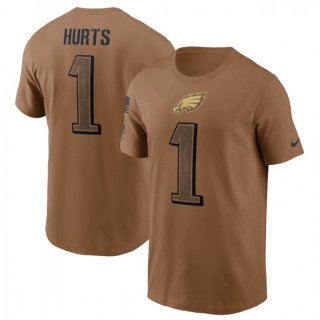 Men's Philadelphia Eagles #1 Jalen Hurts 2023 Brown Salute To Service Name & Number T-Shirt