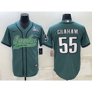 Men's Philadelphia Eagles #55 Brandon Graham Green With Super Bowl LVII Patch Cool Base Stitched Baseball Jersey