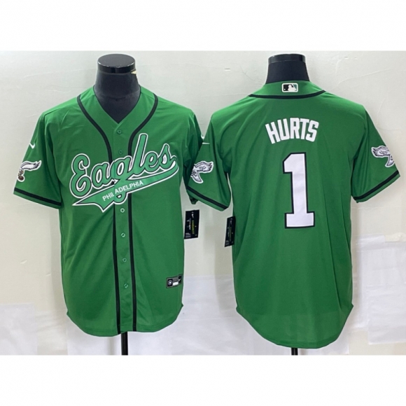 Men's Philadelphia Eagles #1 Jalen Hurts Green Cool Base Stitched Baseball Jersey