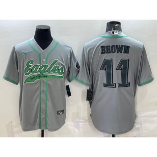 Men's Philadelphia Eagles #11 A. J. Brown Grey With Patch Cool Base Stitched Baseball Jersey