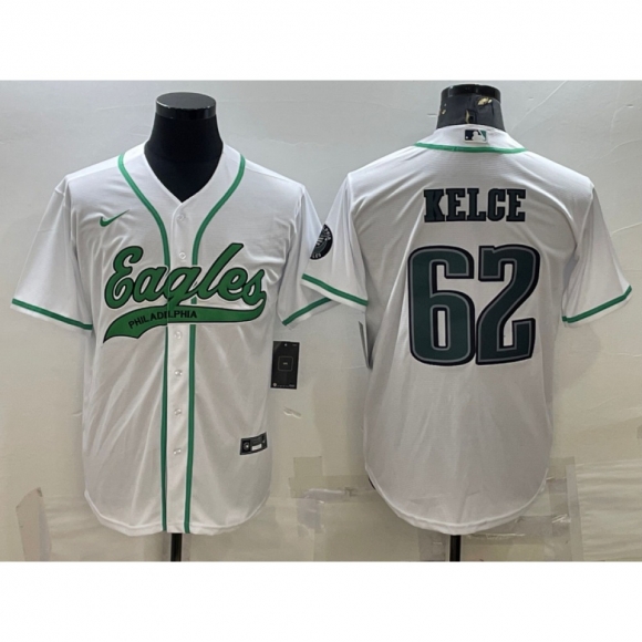 Men's Philadelphia Eagles #62 Jason Kelce White With Patch Cool Base Stitched Baseball Jersey