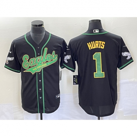 Men's Philadelphia Eagles #1 Jalen Hurts Black Gold Cool Base Stitched Baseball Jersey