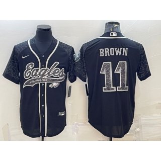 Men's Philadelphia Eagles #11 A. J. Brown Black Reflective With Patch Cool Base Stitched Baseball Jersey