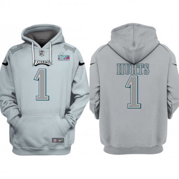 Men's Philadelphia Eagles #1 Jalen Hurts Grey Atmosphere Fashion Super Bowl LVII Patch Pullover Hoodie