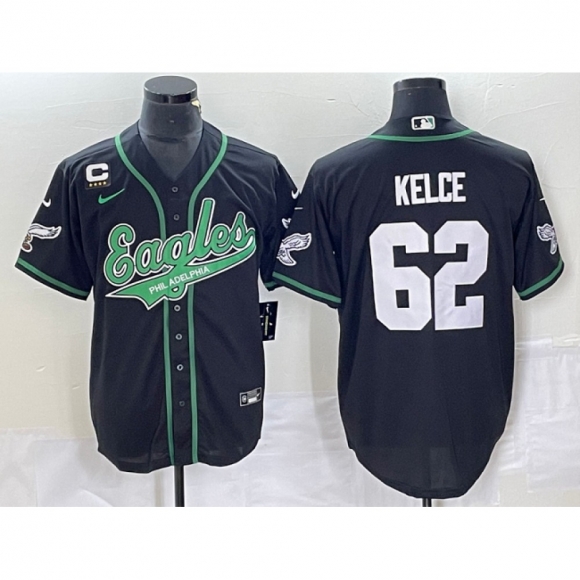 Men's Philadelphia Eagles #62 Jason Kelce Black With 4-star C Patch Cool Base Stitched Baseball Jersey