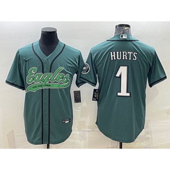 Men's Philadelphia Eagles #1 Jalen Hurts Green With Patch Cool Base Stitched Baseball Jersey