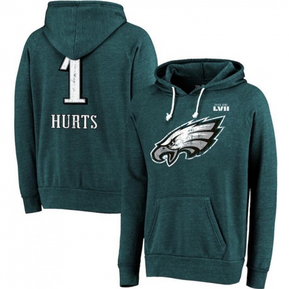 Men's Philadelphia Eagles #1 Jalen Hurts Midnight Green Super Bowl LVII Name & Number Pullover Hoodie